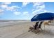 Relax on the beach with comfortable seating and shade under a large umbrella at 2301 S Ocean Blvd. # 1408, North Myrtle Beach, SC 29582