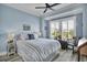 Tranquil bedroom features blue walls, natural light, and a comfortable bed with a stylish accent pillow at 253 W Second Ave. S, Ocean Isle Beach, NC 28469