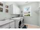 Laundry room features white cabinets, a utility sink, a window, and modern washer and dryer at 5012 Lindrick Ct., Myrtle Beach, SC 29579