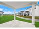 View from covered patio shows grassy backyard and neighboring houses at 2113 Copper Creek Ct., Longs, SC 29568