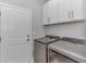 Well-lit laundry room features front loading washer and dryer and storage cabinets above at 1518 Littleleaf Loop, North Myrtle Beach, SC 29582