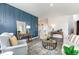 Stylish living room with a blue accent wall, modern furnishings, and hardwood floors at 531 Slaty Dr., Myrtle Beach, SC 29588