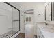 Bathroom with a large walk-in shower, white subway tile, and marble countertops at 800 Caines Landing Rd., Conway, SC 29526