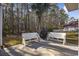 Private backyard with two white benches, a grill, and wooded area at 187 Coldwater Circle, Myrtle Beach, SC 29588