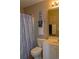 Neutral bathroom featuring a patterned shower curtain, vanity with sink, and decor at 4657 Fringetree Dr. # C, Murrells Inlet, SC 29576