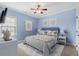 Comfortable bedroom with blue walls, a ceiling fan and carpeted floors at 2000 Hideaway Point, Myrtle Beach, SC 29579