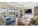 Living room with a view of the pool, a TV, an elegant coffee table, and comfortable seating at 1422 Bohicket Ct., Myrtle Beach, SC 29579