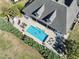 Aerial view of a private backyard oasis with a sparkling pool and outdoor lounge area at 1422 Bohicket Ct., Myrtle Beach, SC 29579