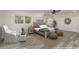 Staged main bedroom featuring stylish furniture, decor, wood-look floors, and a ceiling fan at 106 Governor Boone Ln., Georgetown, SC 29440