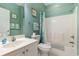 Clean bathroom with shower/tub combo, white vanity, and teal walls at 4872 Dahila Ct. # 301, Myrtle Beach, SC 29577
