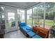 Sunroom with tiled floors, blue cushioned seating and access to backyard at 654 Blue Bird Ln., Murrells Inlet, SC 29576