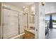 Bathroom with tub shower combo and granite vanity at 4501 S Ocean Blvd., North Myrtle Beach, SC 29582