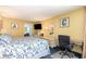 Bedroom featuring yellow walls, blue carpet, queen bed, TV, dresser, and a writing desk at 2701 S Ocean Blvd. # 1711, North Myrtle Beach, SC 29582