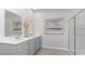 Bathroom with gray vanity, quartz countertop and large shower at 1480 Nokota Dr., Conway, SC 29526