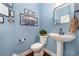 Powder room with pedestal sink and blue walls at 1536 Suncrest Dr., Myrtle Beach, SC 29577