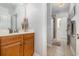 Bathroom with wood vanity and a walk-in shower at 1536 Suncrest Dr., Myrtle Beach, SC 29577