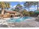 Inviting kidney-shaped pool with brick wall and surrounding patio at 1671 Arundel Rd., Myrtle Beach, SC 29577