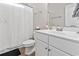 Small bathroom with white vanity, toilet and shower/tub combo at 308 Turning Pines Loop, Myrtle Beach, SC 29579