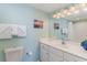 Clean bathroom featuring a white vanity, ample lighting, and beach themed art at 4103 N Ocean Blvd. # 504, North Myrtle Beach, SC 29582