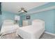 This bedroom features two beds, a ceiling fan, and a bright blue color scheme at 4103 N Ocean Blvd. # 504, North Myrtle Beach, SC 29582
