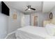 This bedroom features an attached bathroom, a ceiling fan, and a wall-mounted TV at 4103 N Ocean Blvd. # 504, North Myrtle Beach, SC 29582