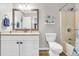 Bathroom with single vanity, toilet, and shower/tub combo at 1890 Colony Dr. # 17-G, Surfside Beach, SC 29575