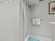 Small bathroom with shower stall and teal accents at 501 S Ocean Blvd. # 505, North Myrtle Beach, SC 29582
