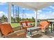 Relaxing covered patio with wicker furniture and orange cushions at 161 Saddle St, Conway, SC 29527
