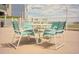 Four teal chairs and table on patio at 9520 Shore Dr. # 3B, Myrtle Beach, SC 29572