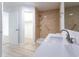 Bathroom featuring a step-in shower, grab bars, and a modern vanity at 104 Willow Ridge Rd., Myrtle Beach, SC 29588