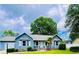 Charming blue home with white trim, a well-manicured lawn, and mature trees under a partly cloudy sky at 104 Willow Ridge Rd., Myrtle Beach, SC 29588
