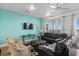 Inviting living room featuring comfortable seating, large windows with ocean views, and a ceiling fan at 2022 N Waccamaw Dr., Garden City Beach, SC 29576