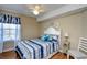 Bedroom with blue and white striped bedding and ceiling fan at 2225 Essex Dr. # F, Surfside Beach, SC 29575