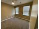 Tan bedroom features two windows with blinds, neutral carpet, and light fixtures, offering a cozy atmosphere at 1519 Wood Stork Dr., Conway, SC 29526