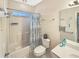 Clean bathroom features a tub, shower, updated fixtures and ample lighting for a relaxing experience at 1109 Peace Pipe Ln. # 201, Myrtle Beach, SC 29579