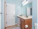 Charming bathroom with single vanity, updated fixtures, and a bright blue color scheme at 1325 Cascarilla Ct., Myrtle Beach, SC 29579