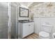 Charming bathroom featuring floral wallpaper, vanity, and walk-in shower at 3545 Marion Ln., Murrells Inlet, SC 29576