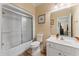 Clean bathroom with shower/tub combo and updated vanity at 118 Seabreeze Dr., Murrells Inlet, SC 29576