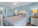 Bedroom with a queen bed, ensuite bathroom access, and light blue walls at 118 Seabreeze Dr., Murrells Inlet, SC 29576