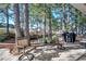 Backyard patio with seating that overlooks a pond and mature trees at 1501 Brighton Ln., Longs, SC 29568