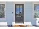 Black front door with glass panels, flanked by windows with white blinds at 434 Stanley Dr., Murrells Inlet, SC 29576