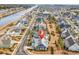 This aerial view showcases waterfront community with perfectly placed marker for this cozy home at 5960 Bolsena Place, Myrtle Beach, SC 29577
