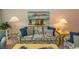 Living room features a floral sofa, accent pillows, and beach-themed artwork at 601 N Hillside Dr. # 3634, North Myrtle Beach, SC 29582