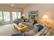 Living room with yellow coffee table and patio doors at 601 N Hillside Dr. # 3634, North Myrtle Beach, SC 29582