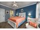 A blue walled bedroom has a bed with coral bedding and doors to a bathroom and closet at 4459 Turtle Ln. # 3D, Little River, SC 29566