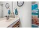 Bathroom sink and vanity with a nautical beach themed shower curtain at 6702 Jefferson Pl. # B6, Myrtle Beach, SC 29572