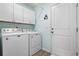 Well-lit laundry room featuring appliances, overhead cabinets, and access to the exterior at 3713 Park Pointe Ave., Little River, SC 29566