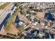 A panoramic aerial view of a residential neighborhood featuring manicured lawns, mature trees, and a community water feature at 4783 Southgate Pkwy., Myrtle Beach, SC 29579