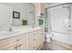 Bathroom featuring double sinks, vanity with a mirror, and a tub with shower at 4851 Luster Leaf Circle # 302, Myrtle Beach, SC 29577