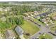 Aerial view of a neighborhood lot with water features in the distance, surrounded by lush greenery and homes at 600 Barona Dr., Myrtle Beach, SC 29579